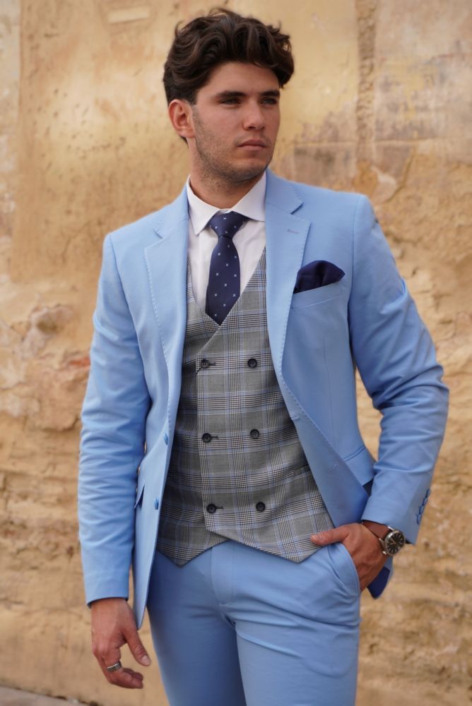 Traje de festero celeste con chaleco