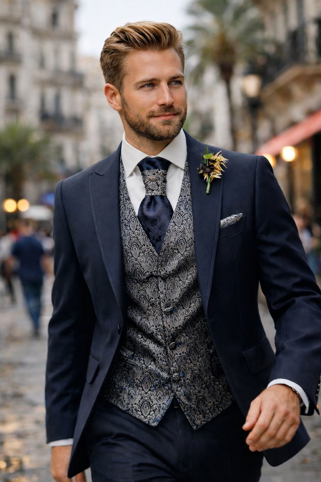 Traje de novio azul noche